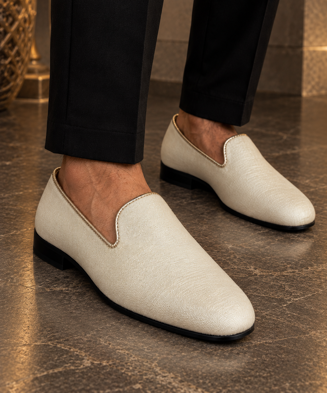 Men’s Cream Off-White Slip-On Loafers – Formal Wedding Shoes