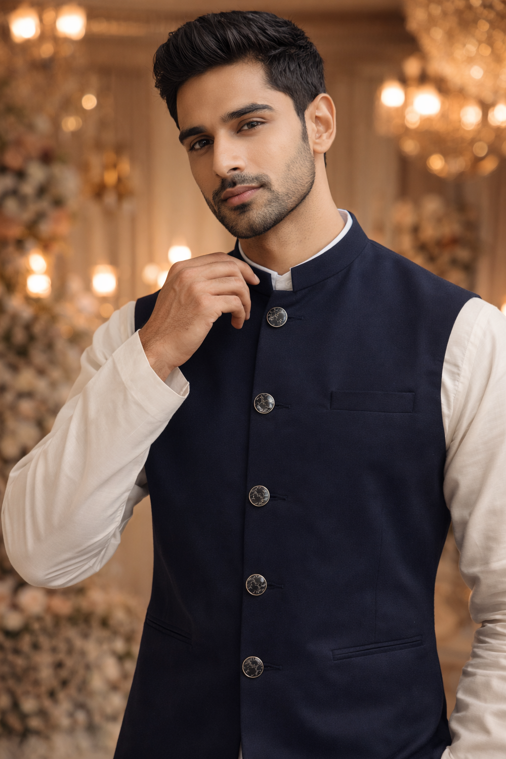 Mens indian nehru jacket navy blue plain waistcoat 