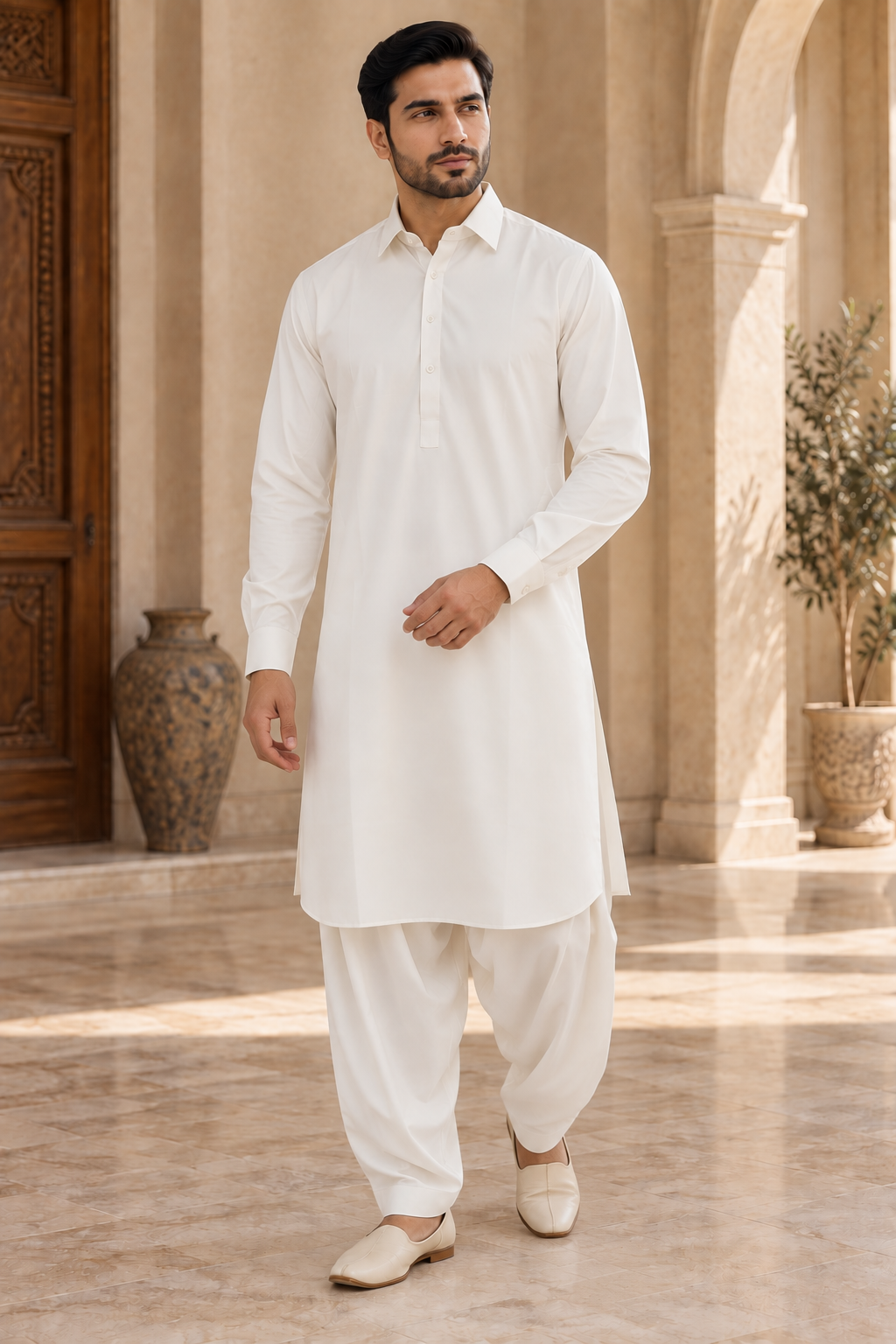 mens off white collar salwar kameez for weddings parties and formal events. Casual wear salwar kameez