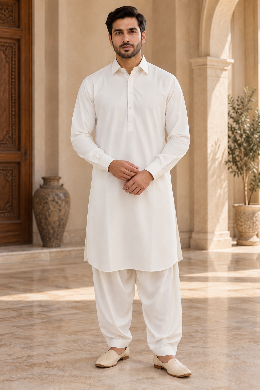 mens off white collar salwar kameez for weddings parties and formal events. Casual wear salwar kameez