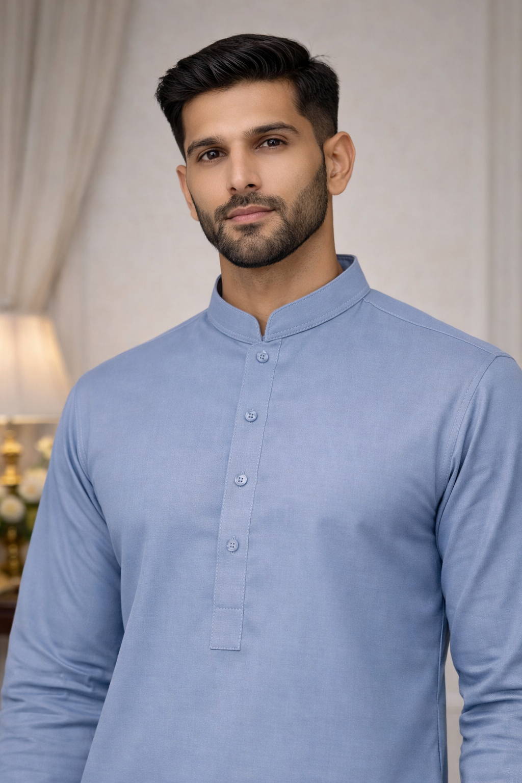 mens pakistani shalwar kameez blue close up