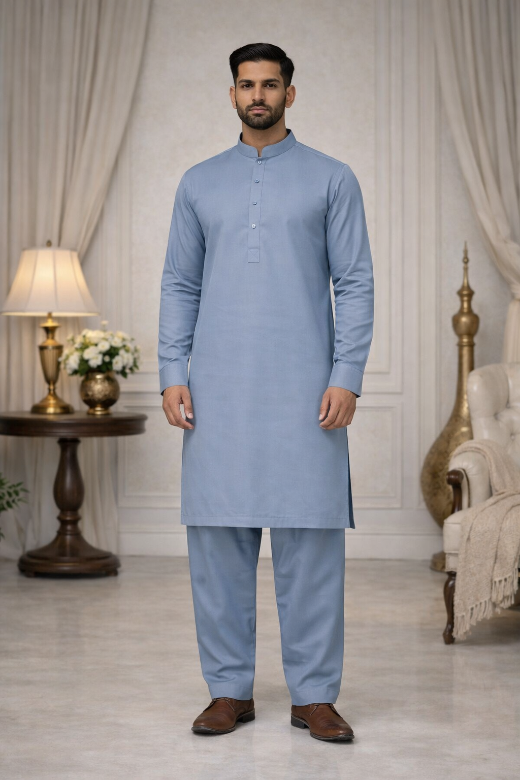 mens pakistani shalwar kameez blue full view traditional outfit