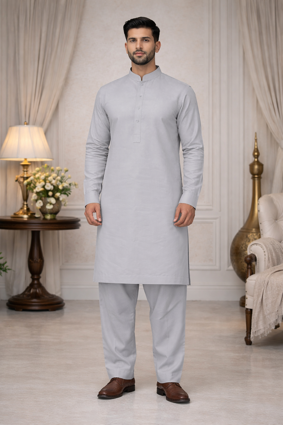 Men's Grey Shalwar Kameez - Casual Pakistani Style Suit