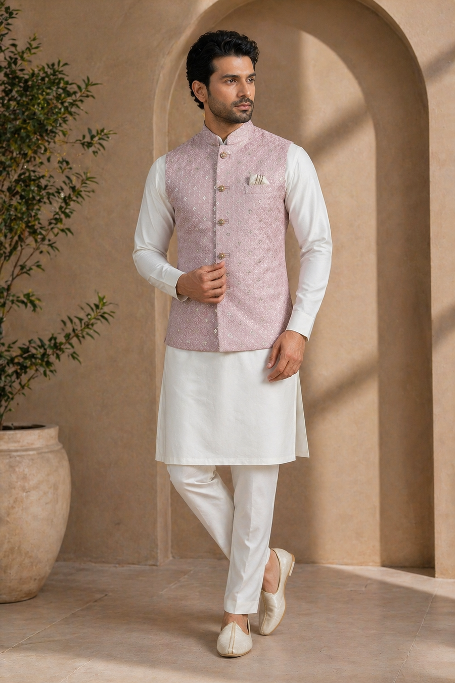 Men's Pink Indian Nehru Jacket - Wedding Festive Wasitcoat