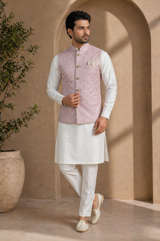 Mens Pink Indian Nehru Jacket With Kurta Full Length View