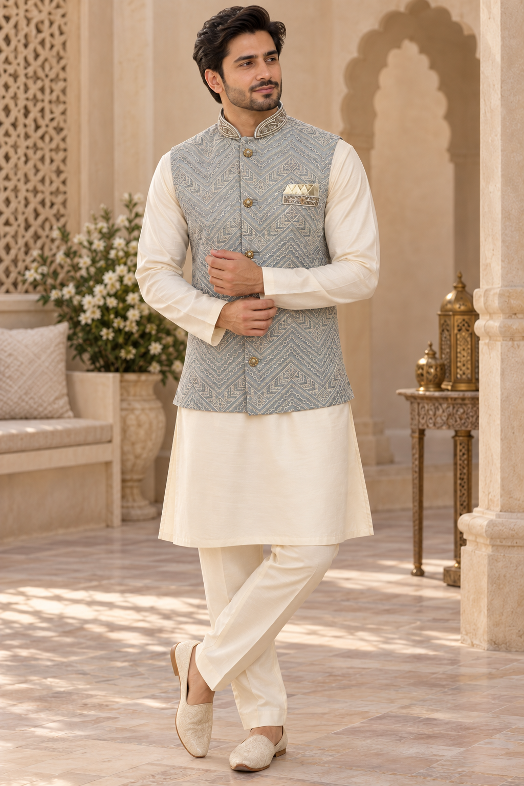 Men’s Grey Blue Embroidered Nehru Jacket Waistcoat