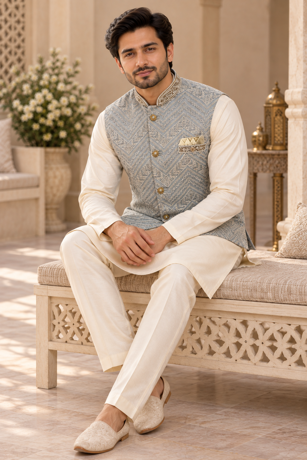 Men’s Grey Blue Embroidered Nehru Jacket Waistcoat