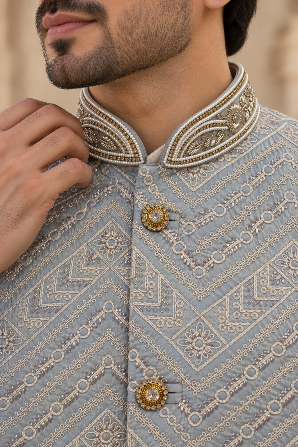 Men’s Grey Blue Embroidered Nehru Jacket Waistcoat