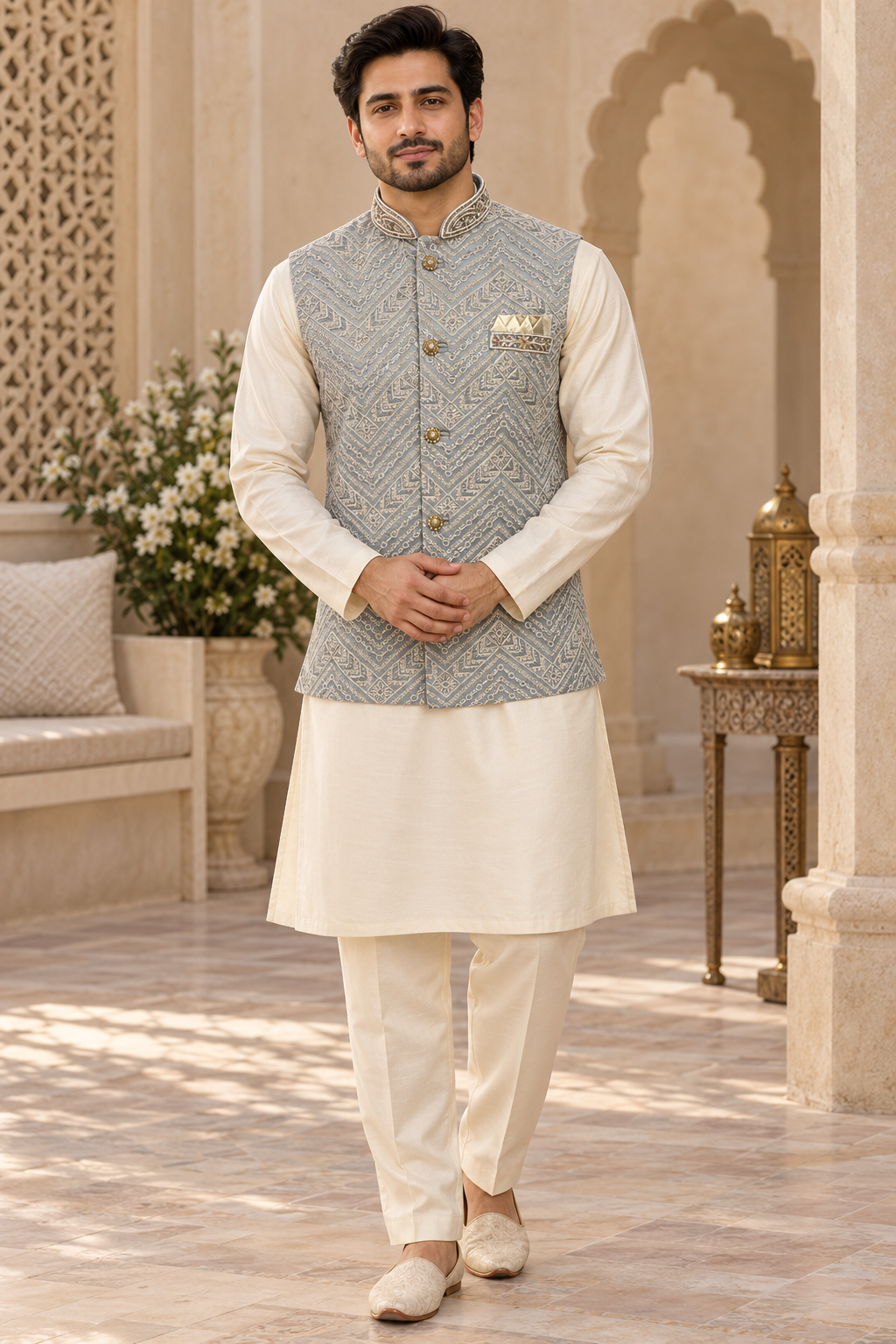 Men’s Grey Blue Embroidered Nehru Jacket Waistcoat