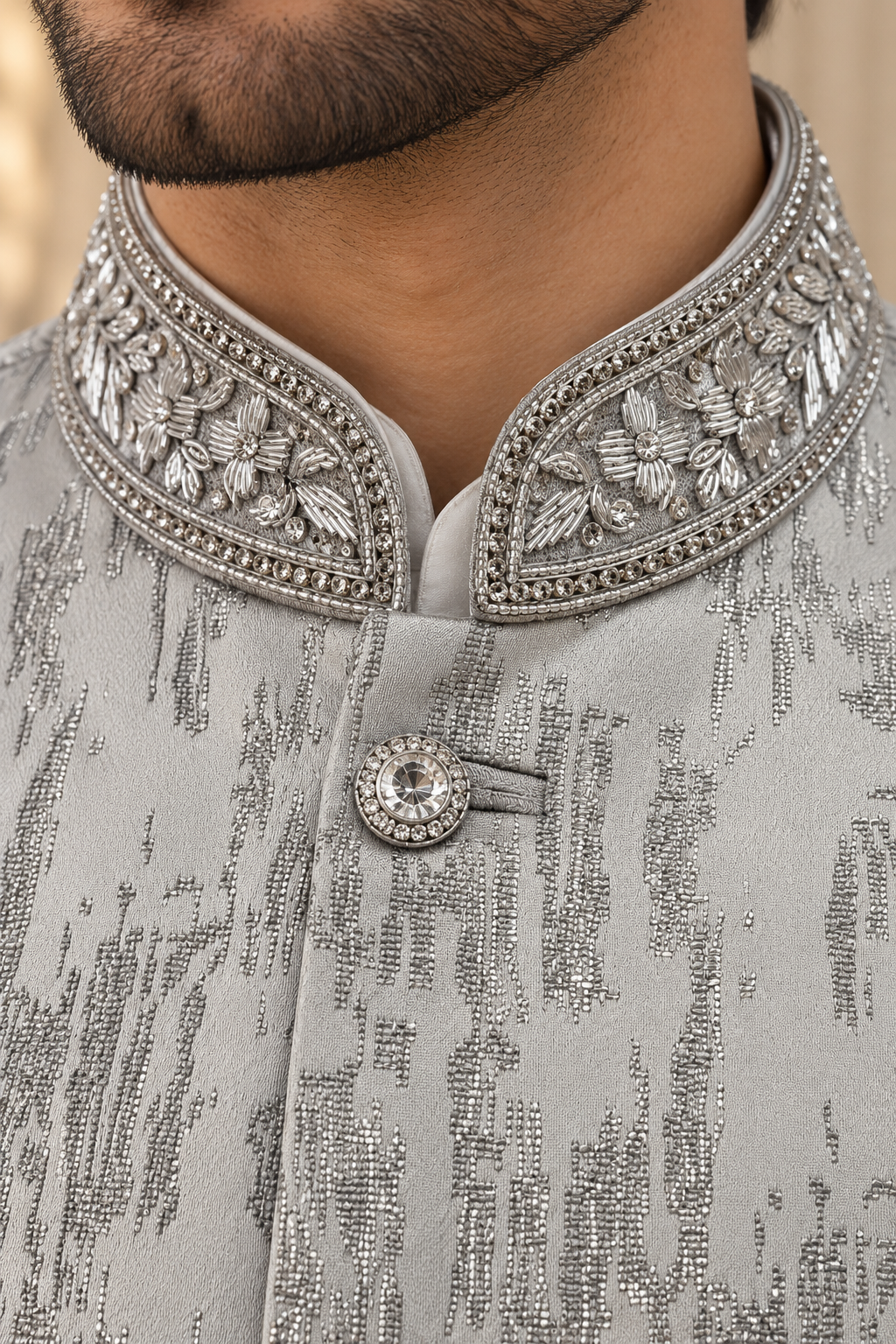 Men’s Silver Grey Embroidered Indian Nehru Jacket - Made - To - Measure
