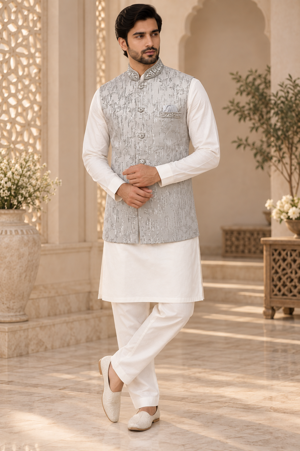 Men’s Silver Grey Embroidered Indian Nehru Jacket