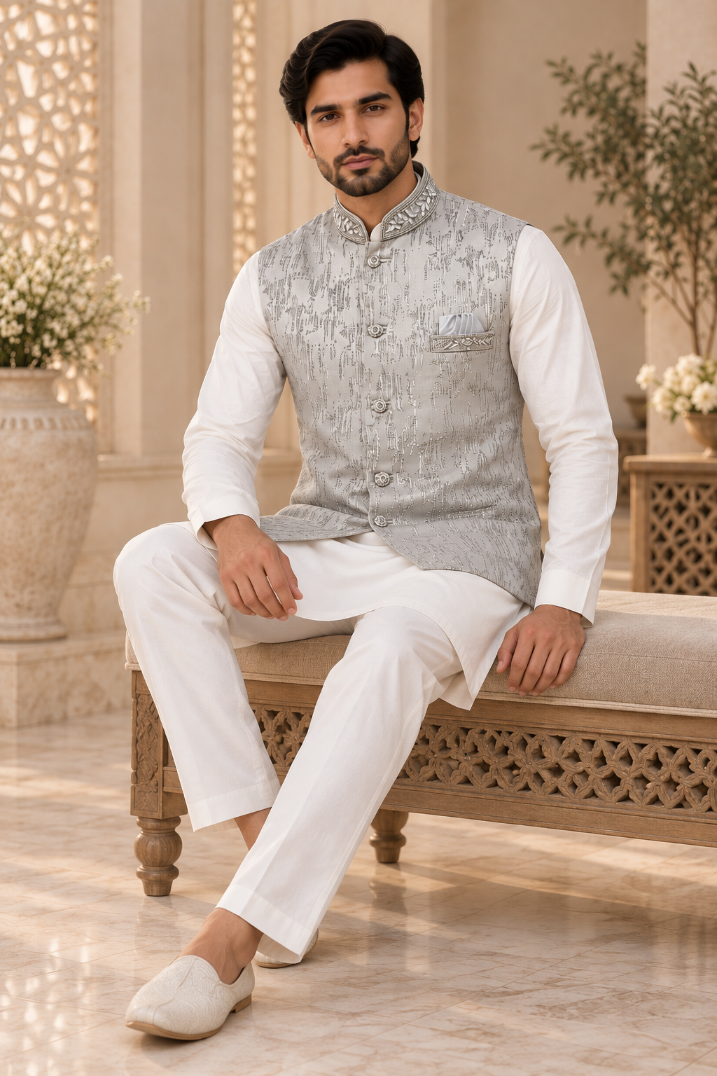 Men’s Silver Grey Embroidered Indian Nehru Jacket