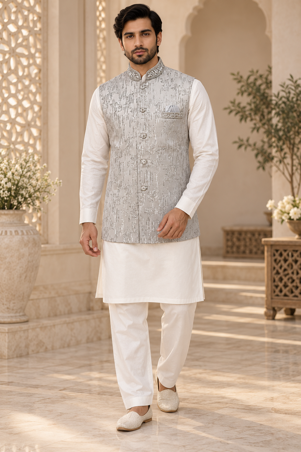 Men’s Silver Grey Embroidered Indian Nehru Jacket