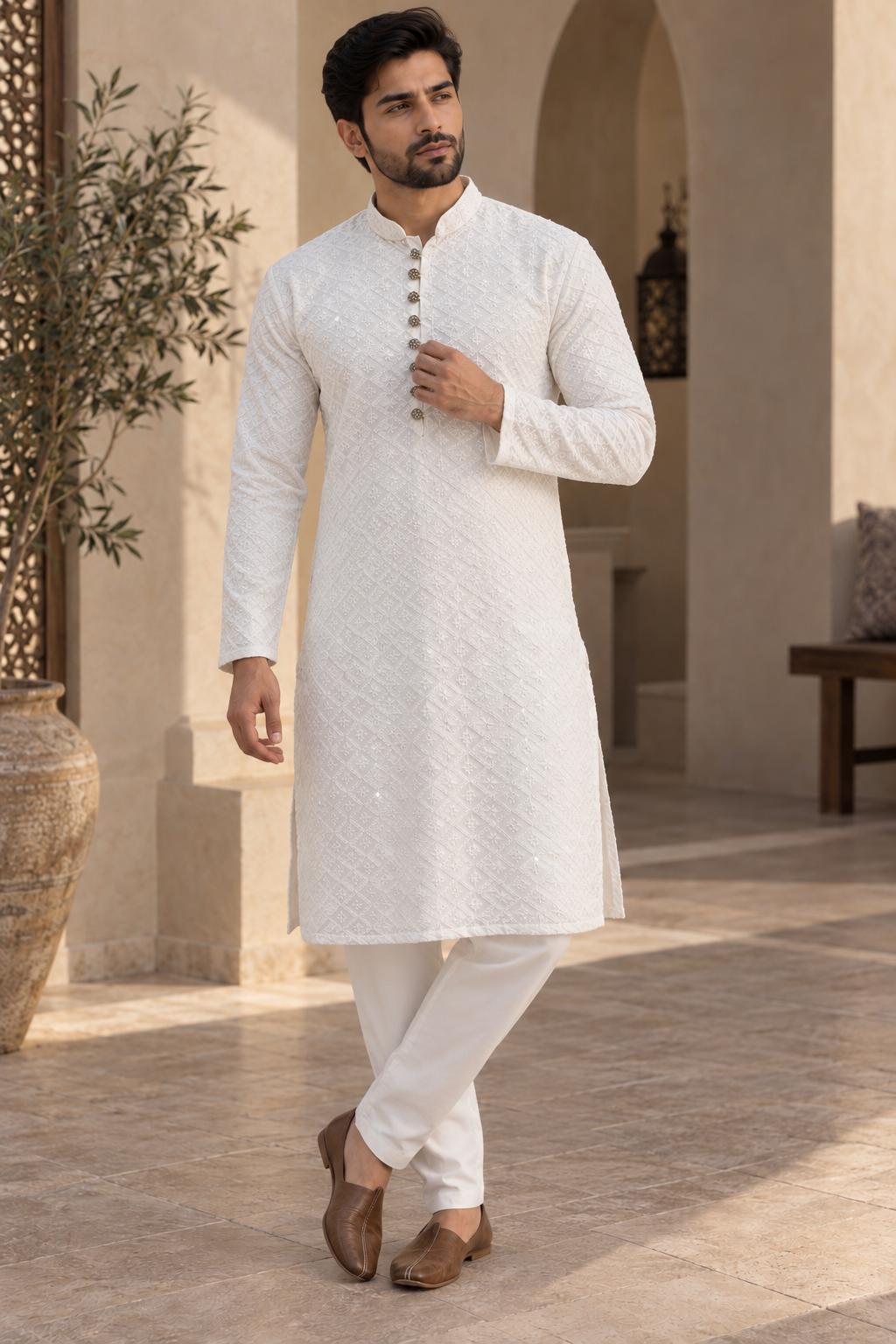 Men’s White Chikankari Kurta Pajama with Embroidery & Sequin Detail