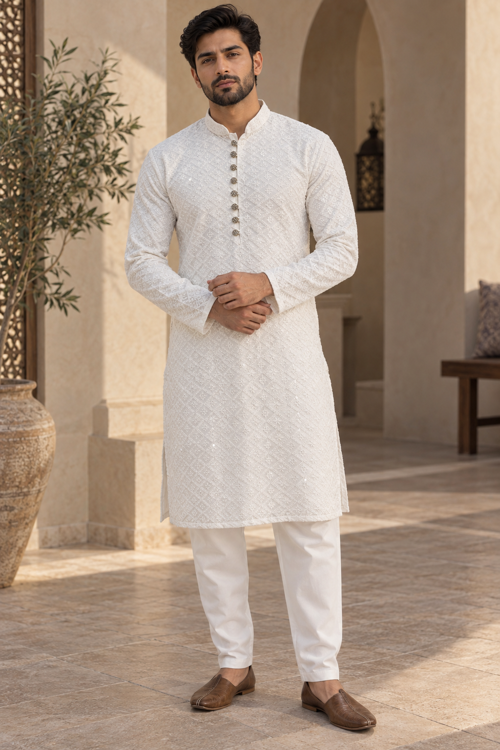 Men’s White Chikankari Kurta Pajama with Embroidery & Sequin Detail