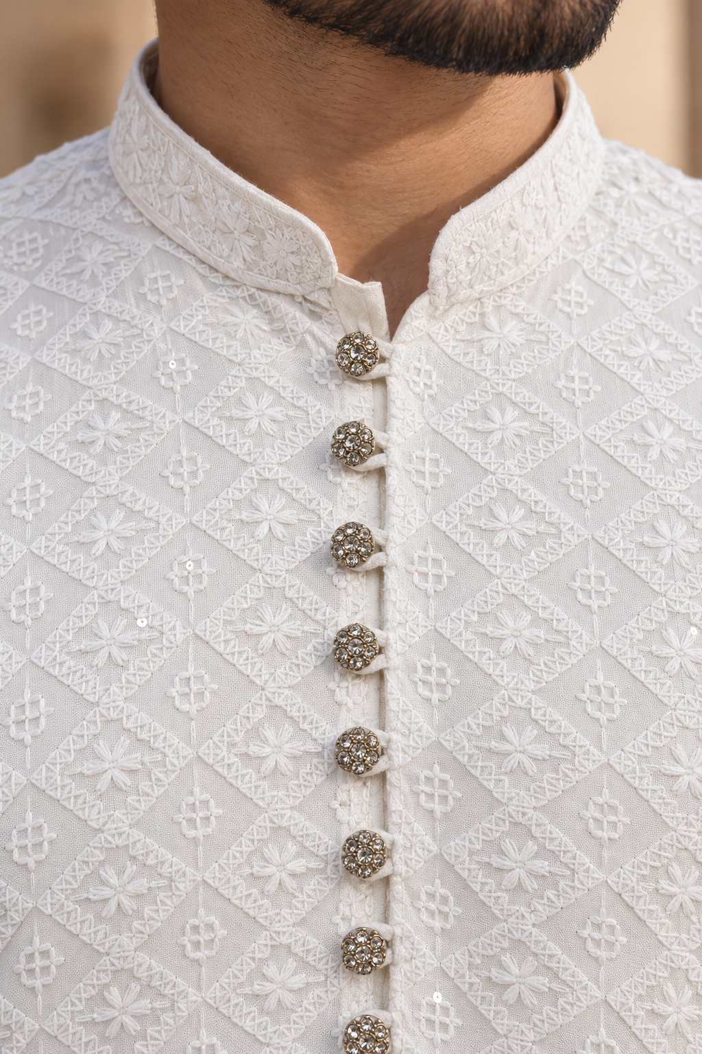 Men’s White Chikankari Kurta Pajama with Embroidery & Sequin Detail