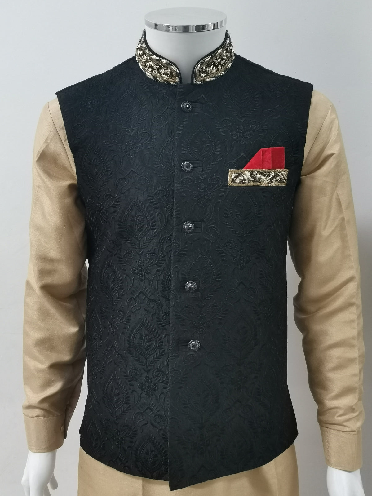 Men's Black Embroidered Indian Nehru Jacket with black thread embroidery, stone work on the pocket, black buttons with stone work, and an included hankie