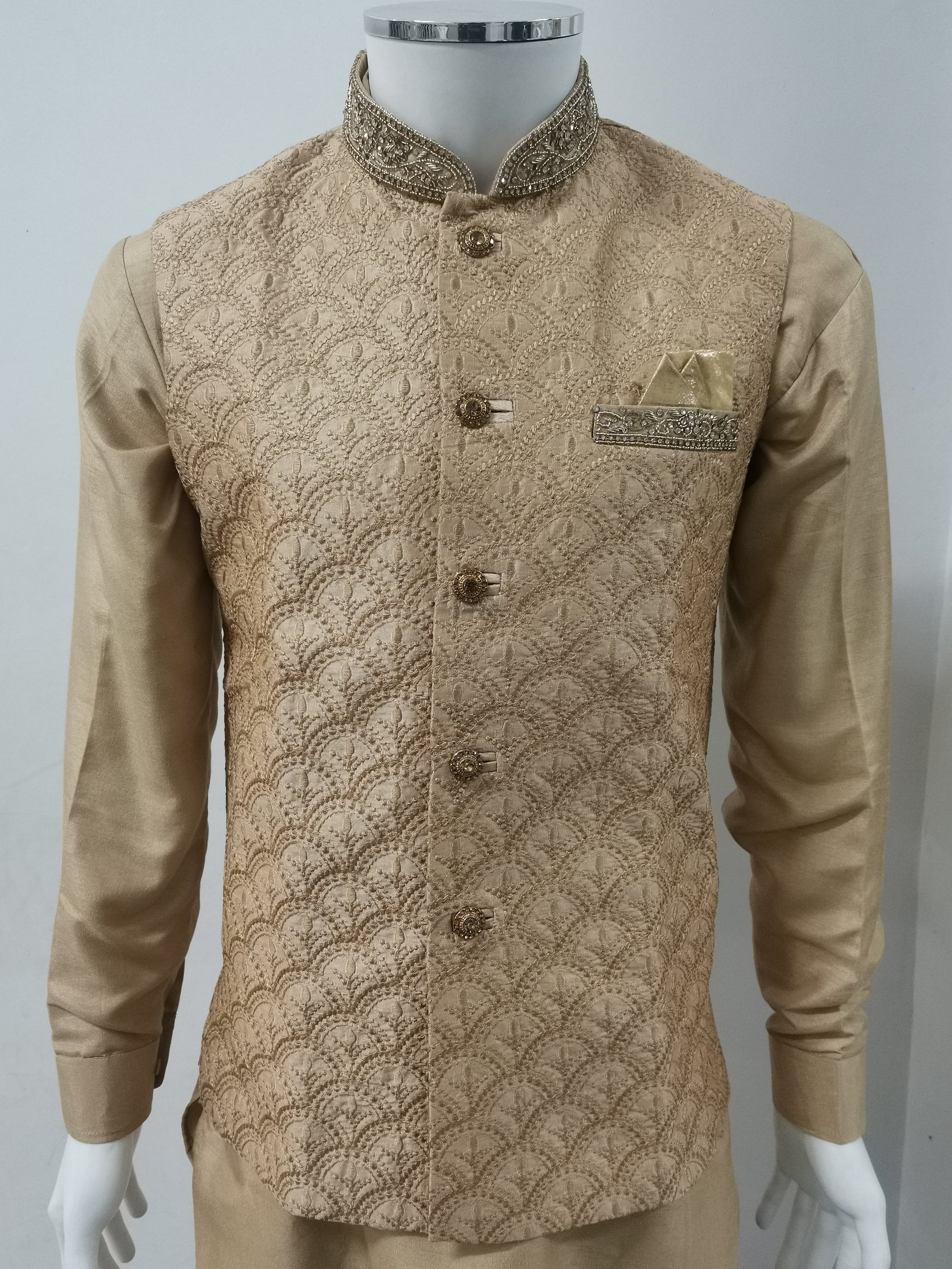 Men's Gold Embroidered Indian Nehru Jacket with gold thread embroidery, stone work on the pocket, gold buttons with stone work, and an included hankie.