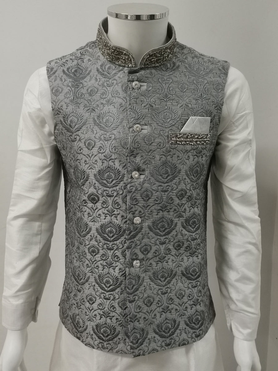 Grey embroidered Men's Indian Nehru Jacket For Wedding