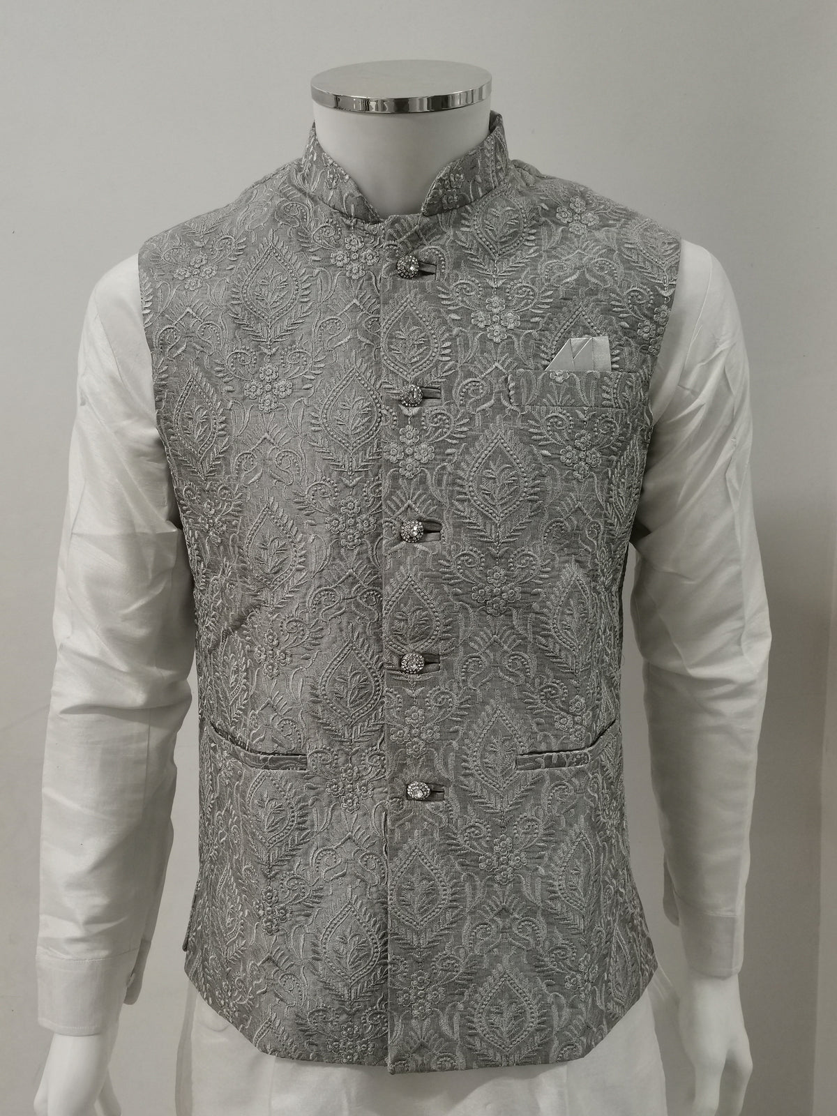 Grey embroidered Men's Indian Nehru Jacket with matching hankie and stone work on the buttons