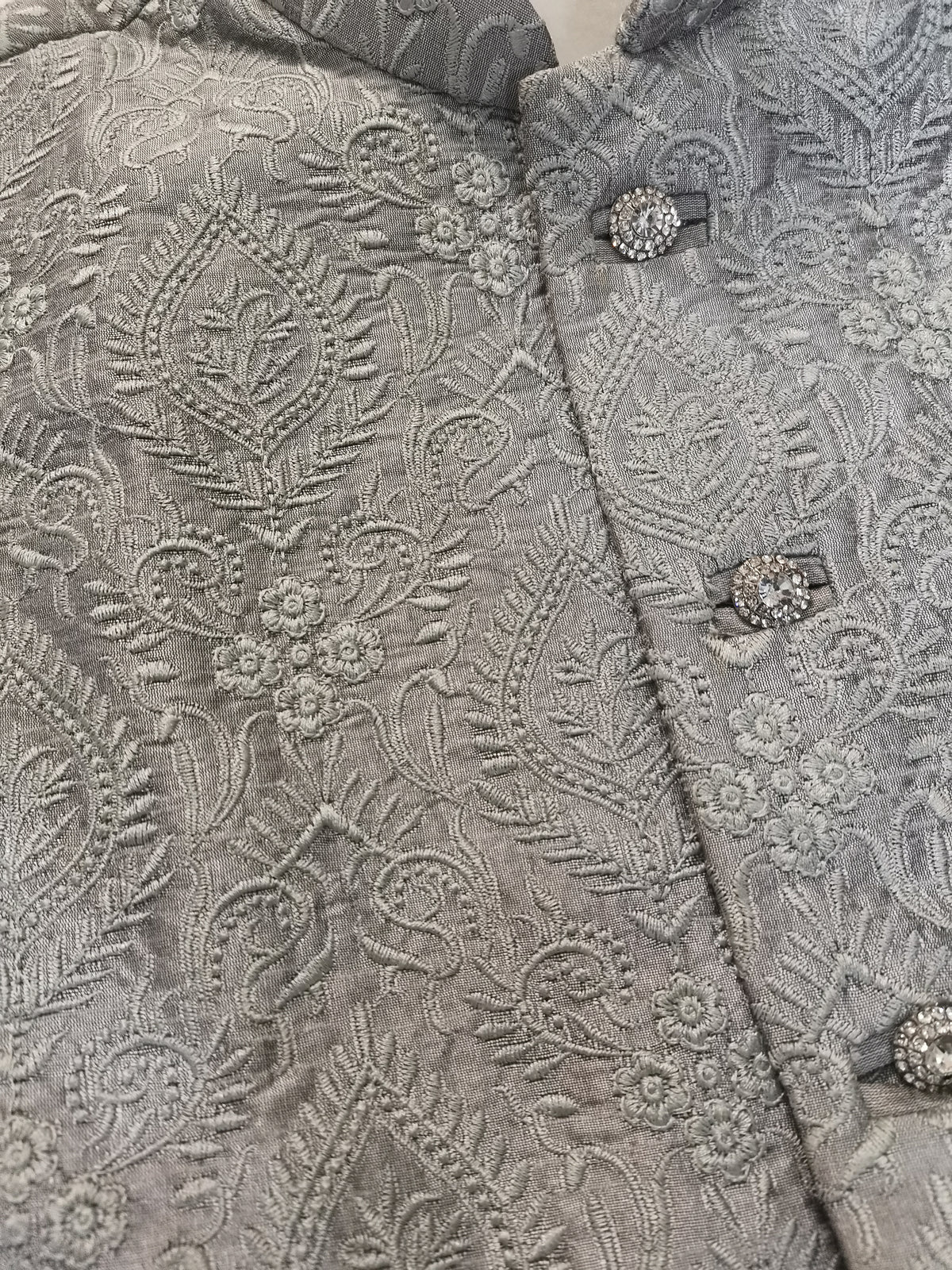 Grey embroidered Men's Indian Nehru Jacket close up