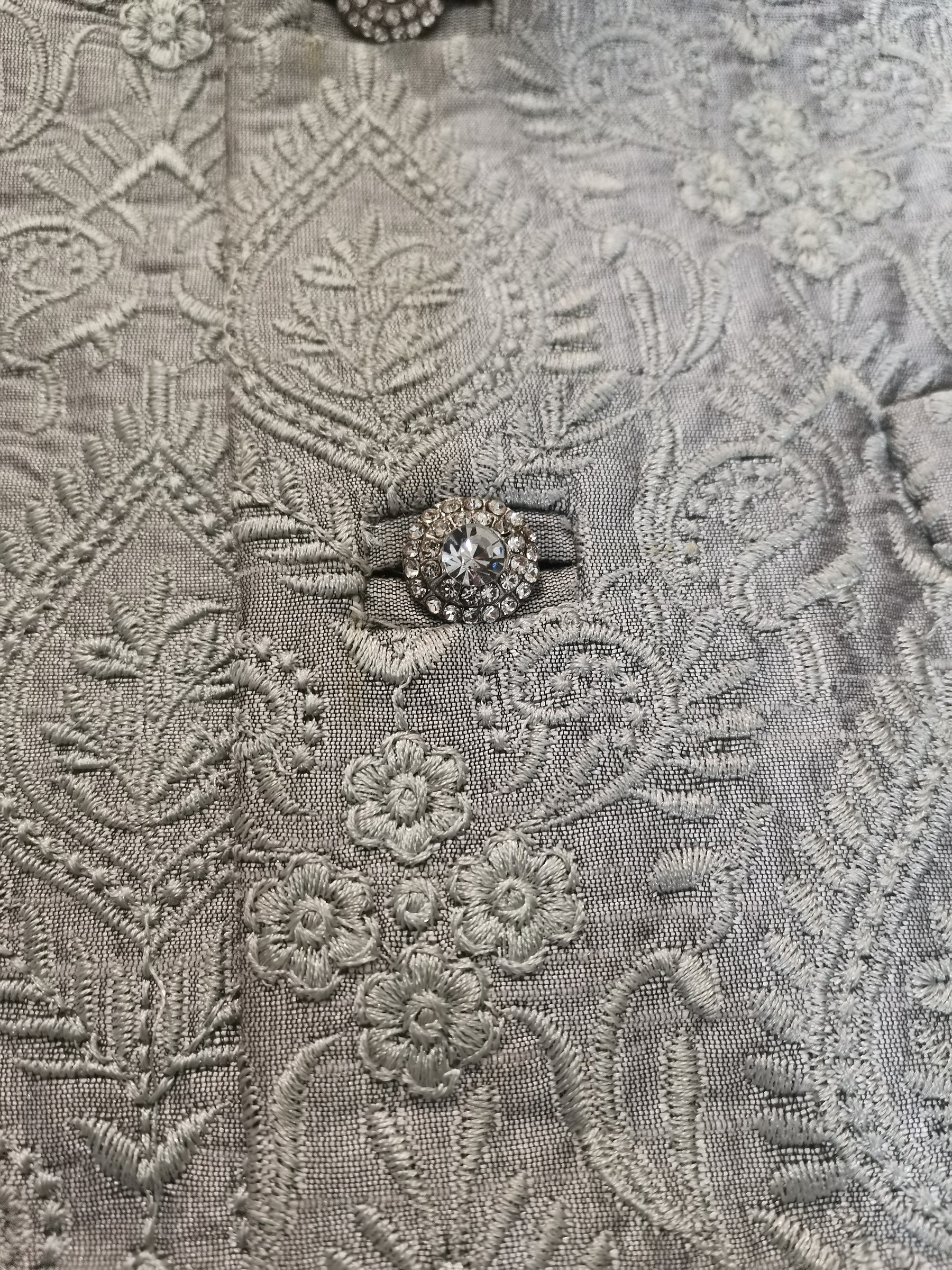 Grey embroidered Men's Indian Nehru Jacket close up of button