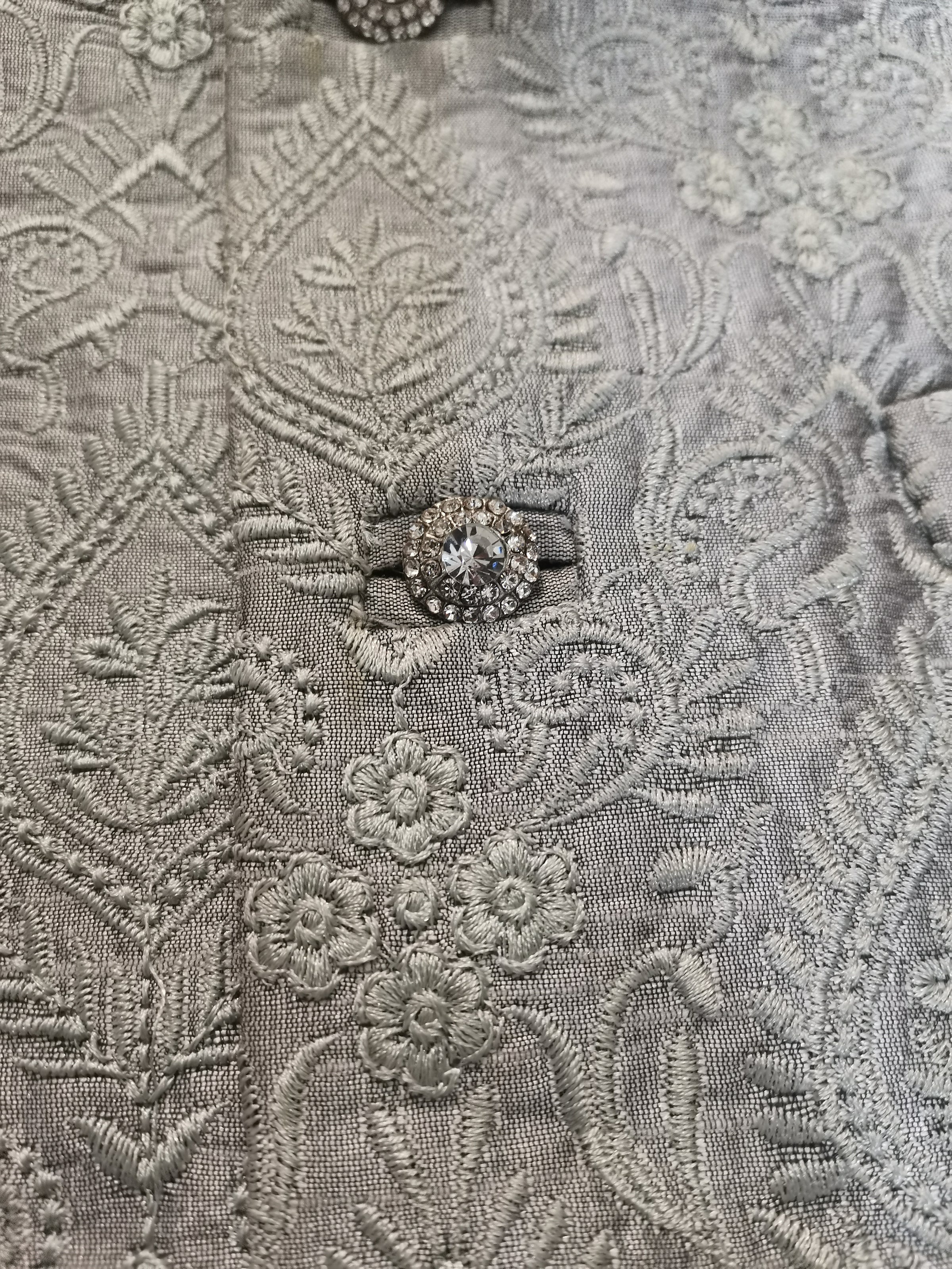 Grey embroidered Men's Indian Nehru Jacket close up of button
