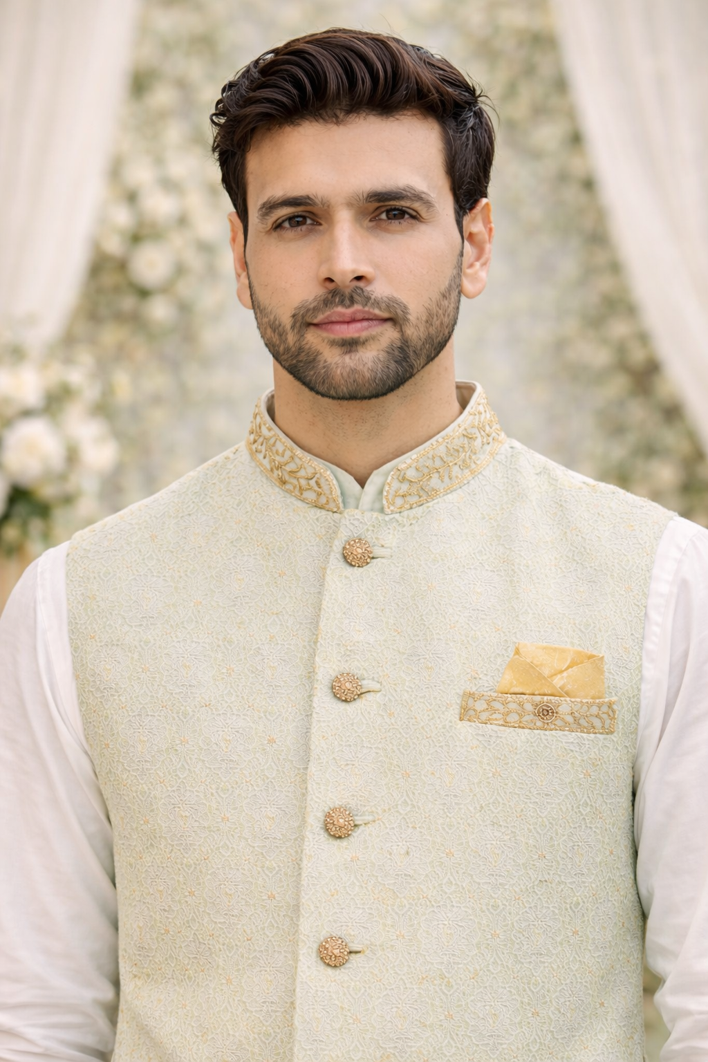 Mens Mint Green Indian Wasitcoat Asian Party Wedding Wear Close Up View