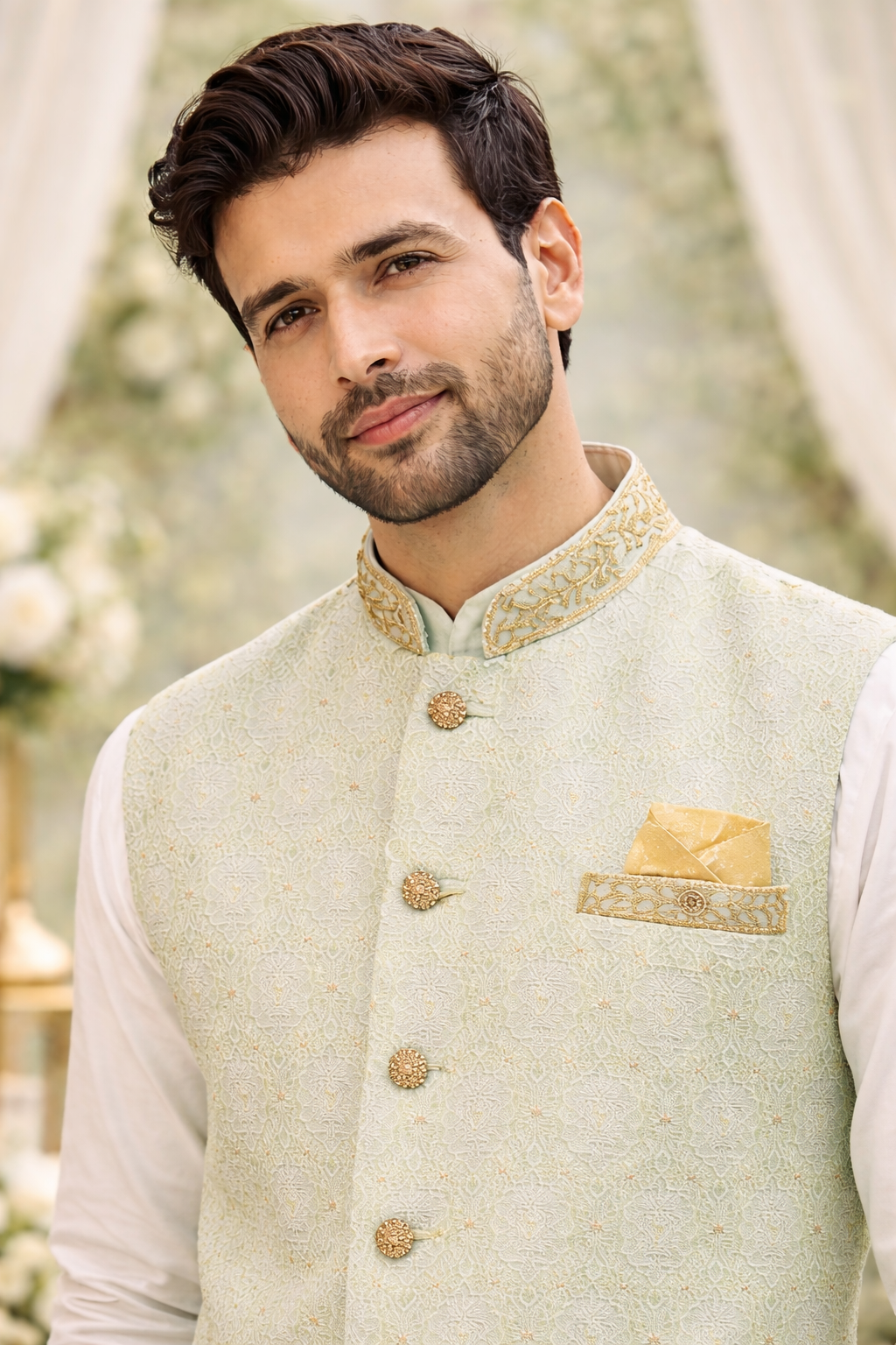 Mens Mint Green Indian Nehru Jacket Wedding Waistcoat UK 