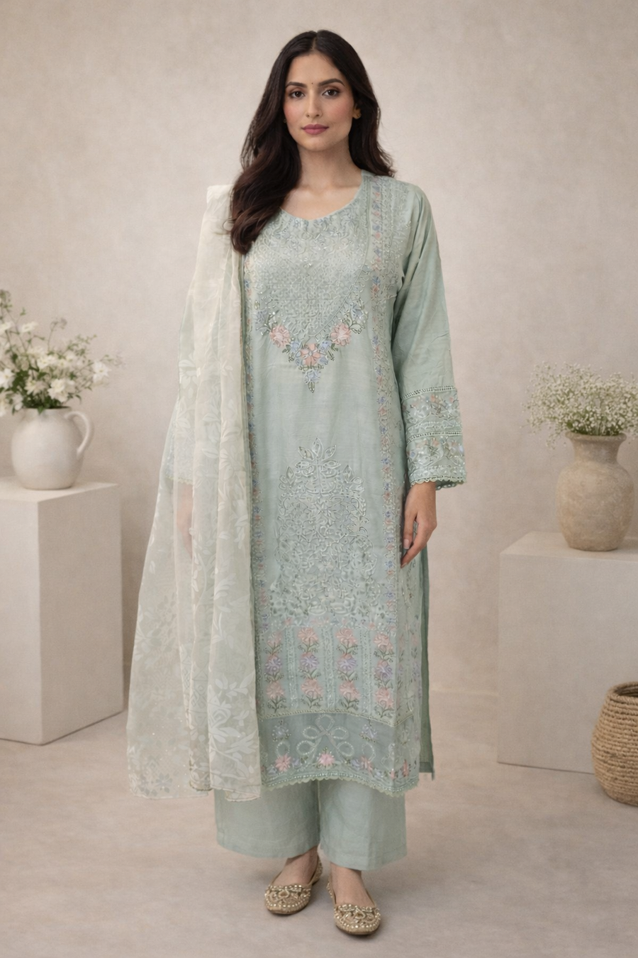 Mint Green Embroidered Viscose Palazzo Suit for Women | 3-Piece with Dupatta