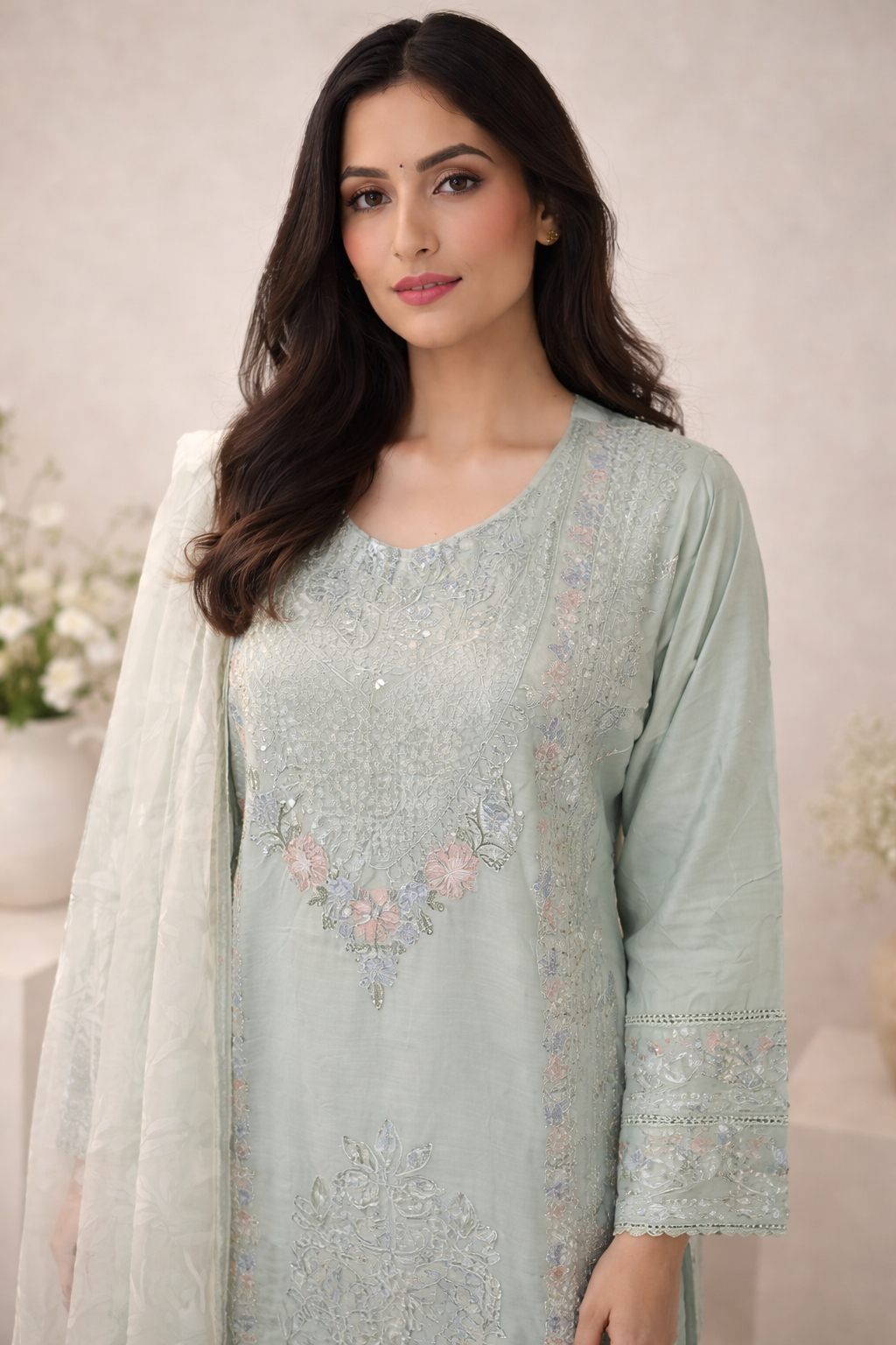 Ladies Pakistani Palazzo Suit Mint Green Full View
