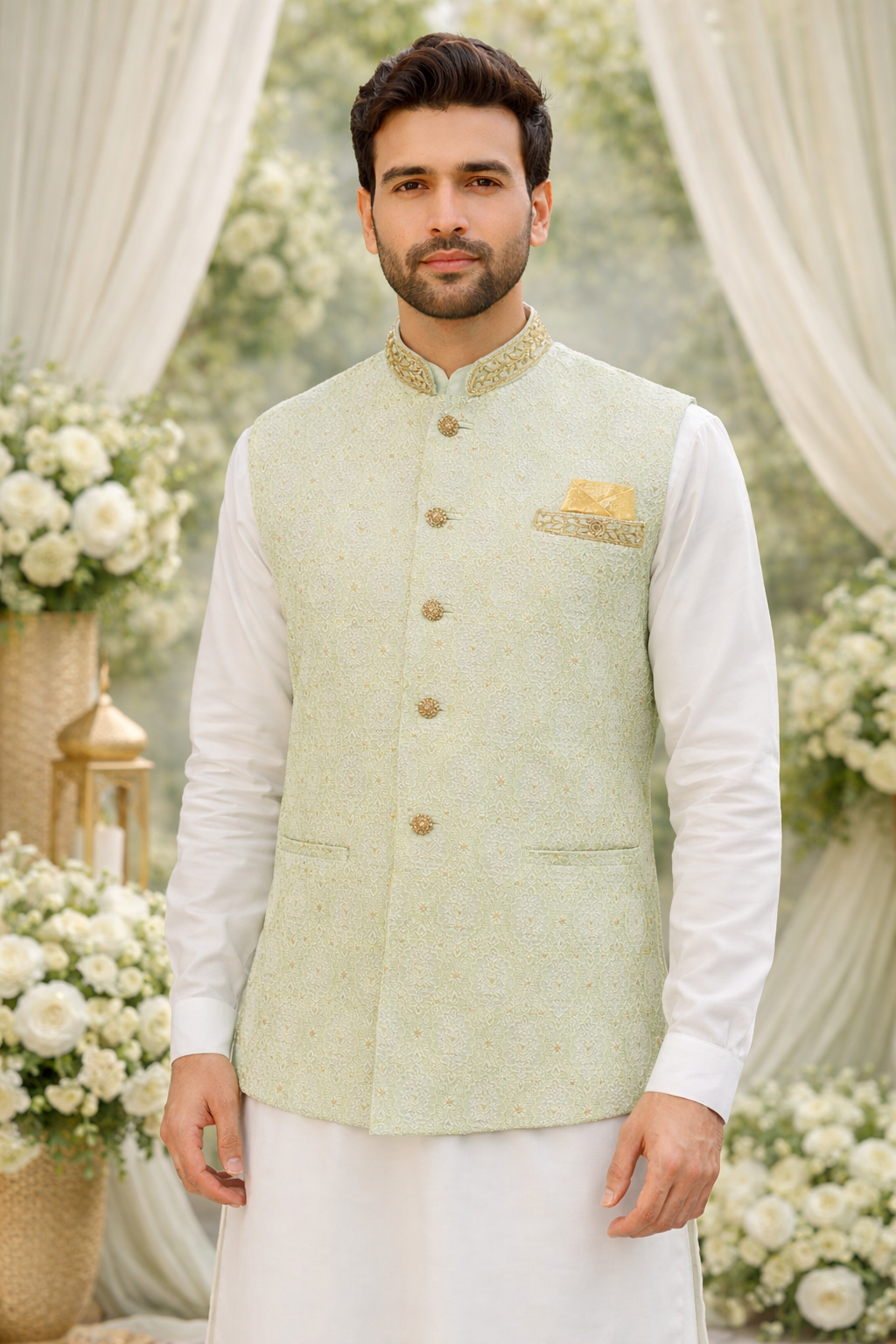 Mint green mens indian nehru jacket waistcoat full length view