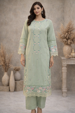 mint green trouser suit full view without scarf 