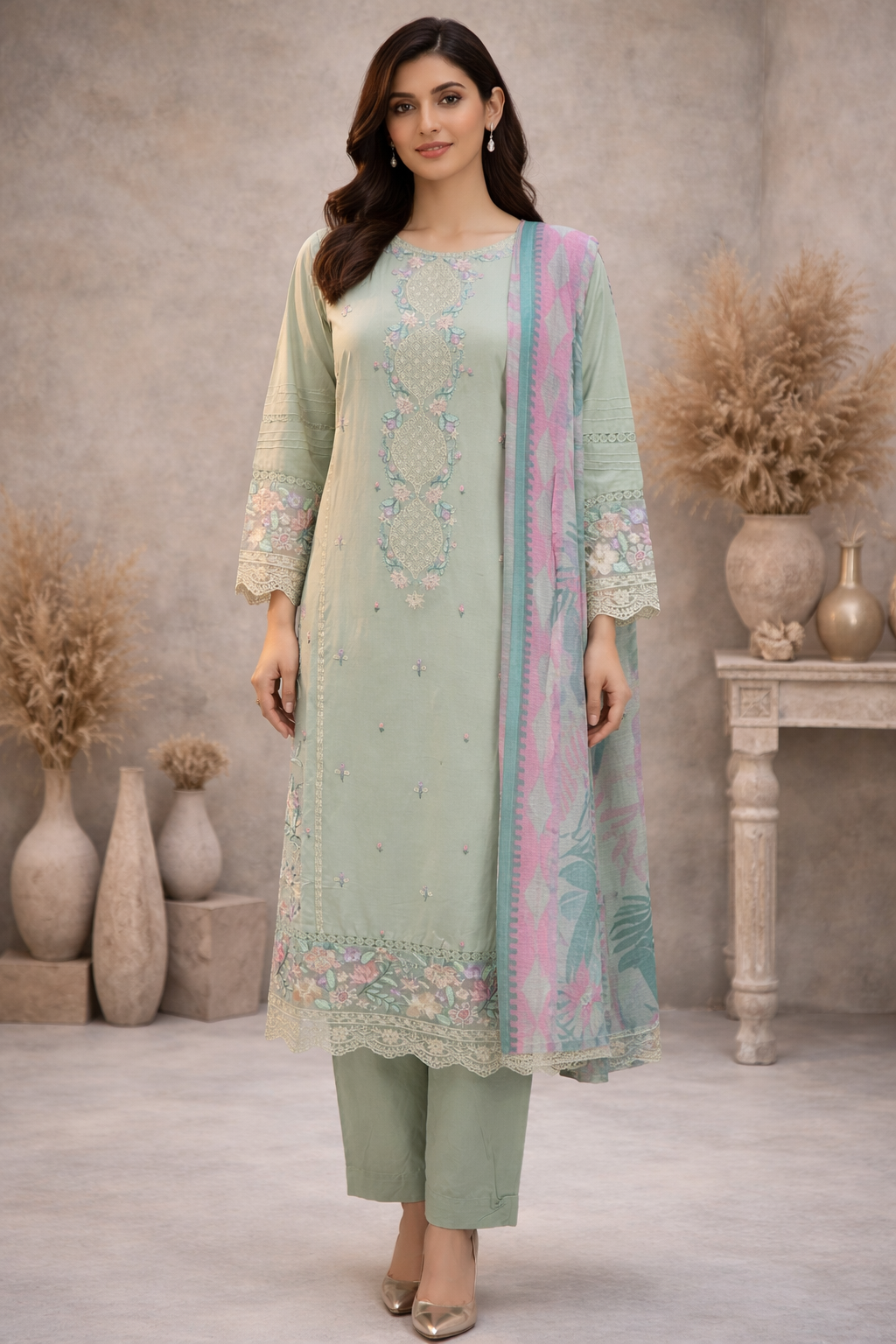 mint green trouser suit full view with scarf 