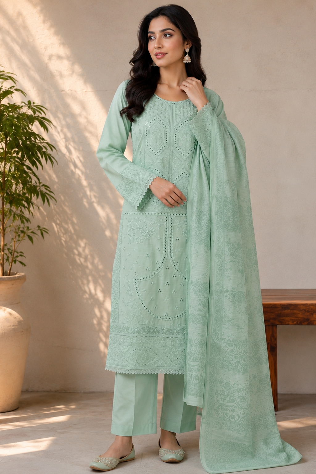 mint green ladies womens pakistani embroidered palazzo pants salwar suit full view