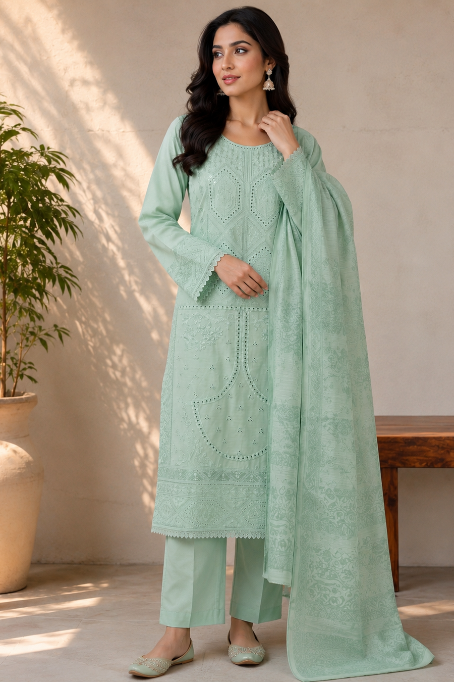 Mint Green Ladies Embroidered Premium Cotton Pakistani Palazzo Pants Suit
