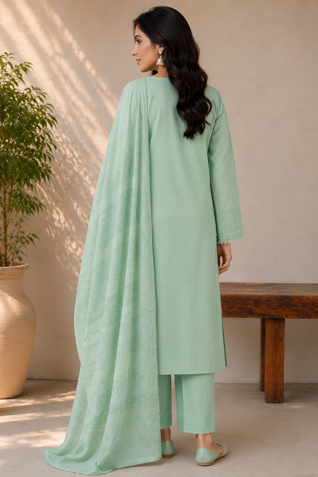 mint green ladies womens pakistani embroidered palazzo pants salwar suit back view ready made ready to wear UK