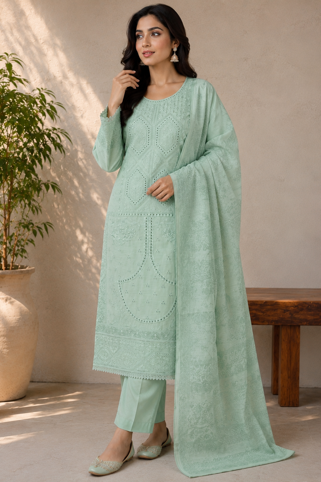mint green ladies womens pakistani embroidered palazzo pants salwar suit full view ready made ready to wear UK