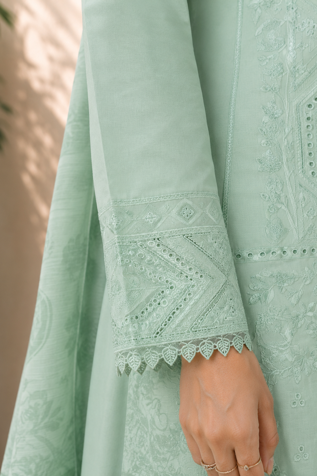 mint green ladies womens pakistani embroidered palazzo pants salwar suit close up of sleeves/cuffs ready made ready to wear UK