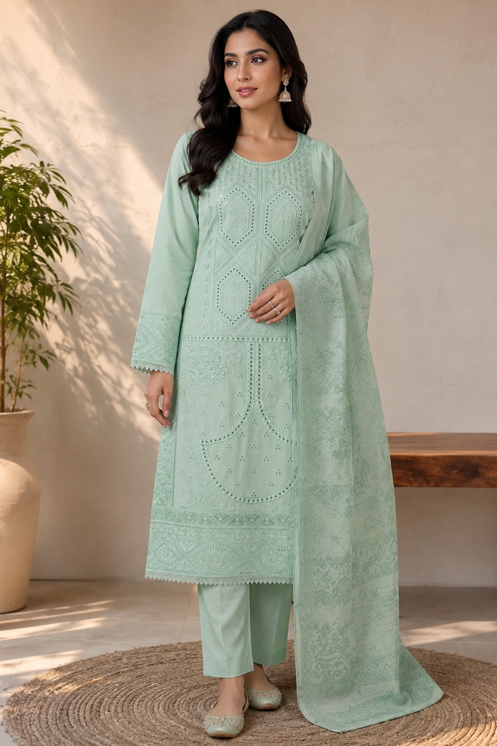 mint green ladies womens pakistani embroidered palazzo pants salwar suit full view