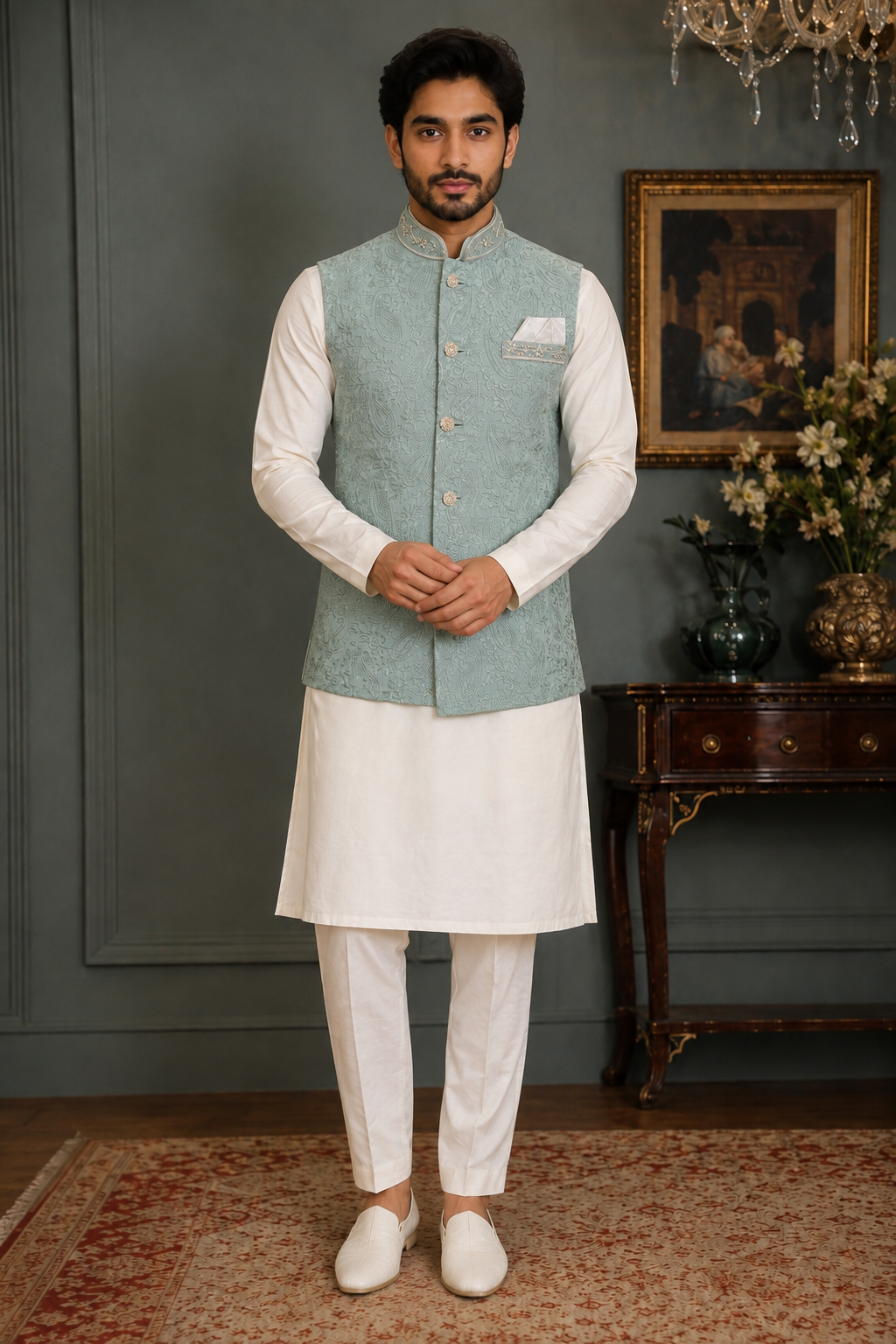 mens indian nehru jacket waistcoat for weddings parties and formal events mint green colour