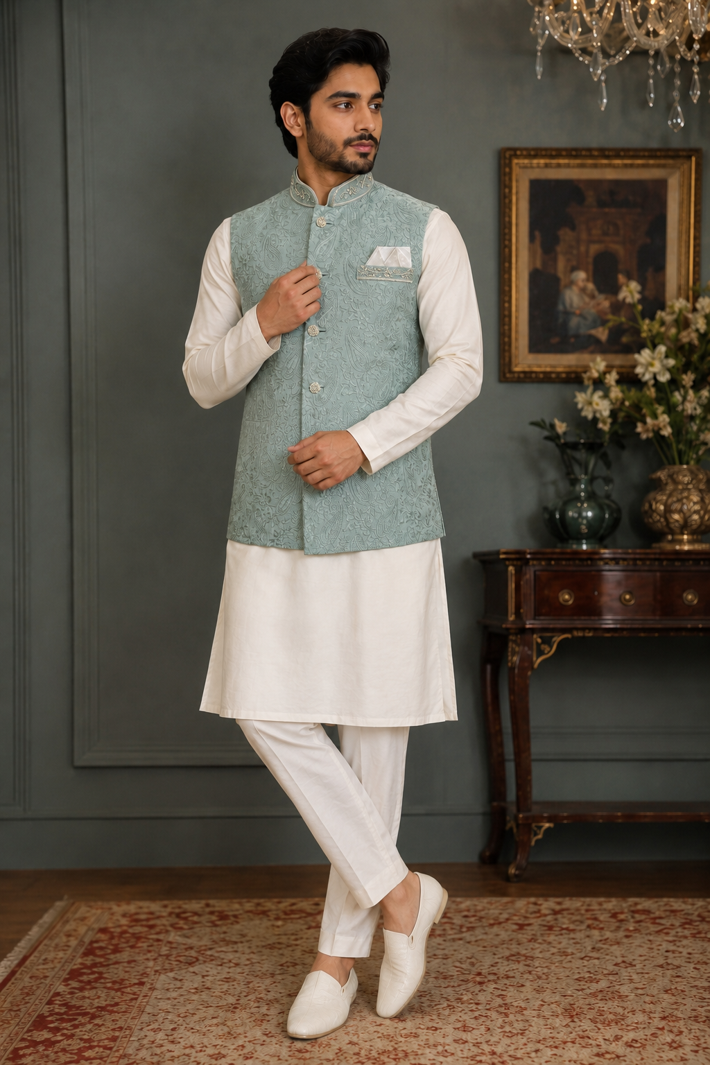mens indian nehru jacket waistcoat for weddings parties and formal events mint green colour