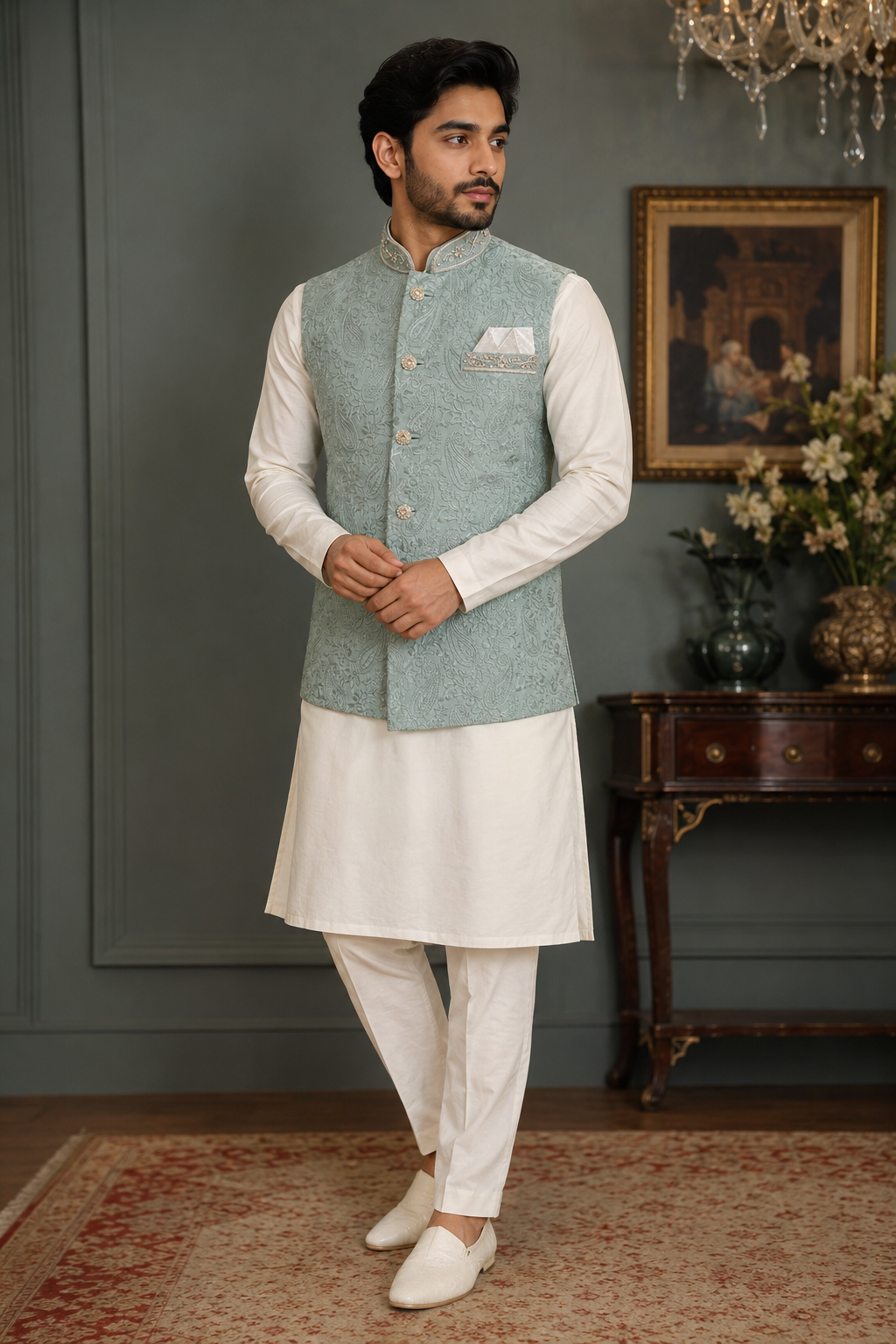 mens indian nehru jacket waistcoat for weddings parties and formal events mint green colour