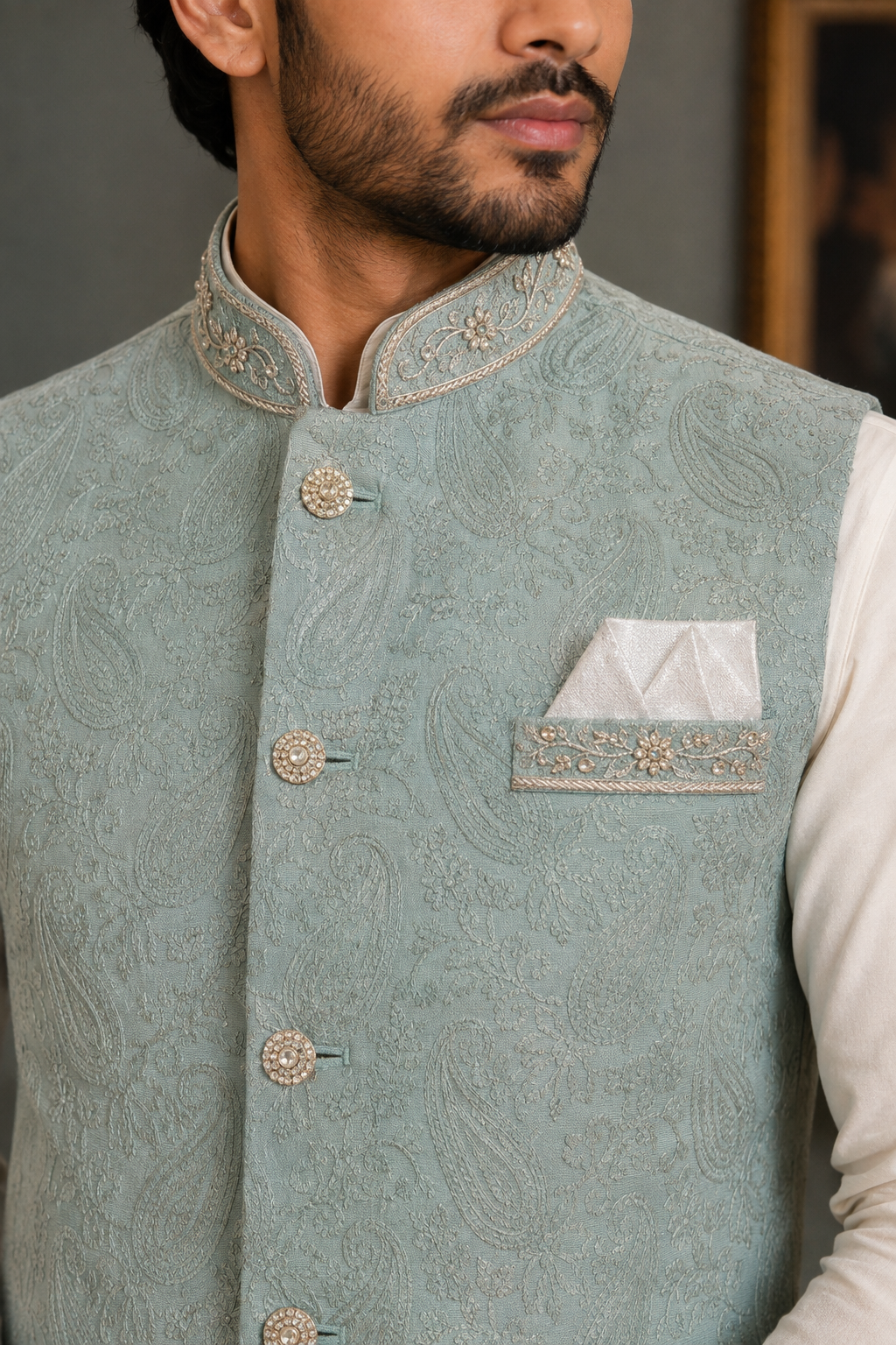 mens indian nehru jacket waistcoat for weddings parties and formal events mint green colour close up