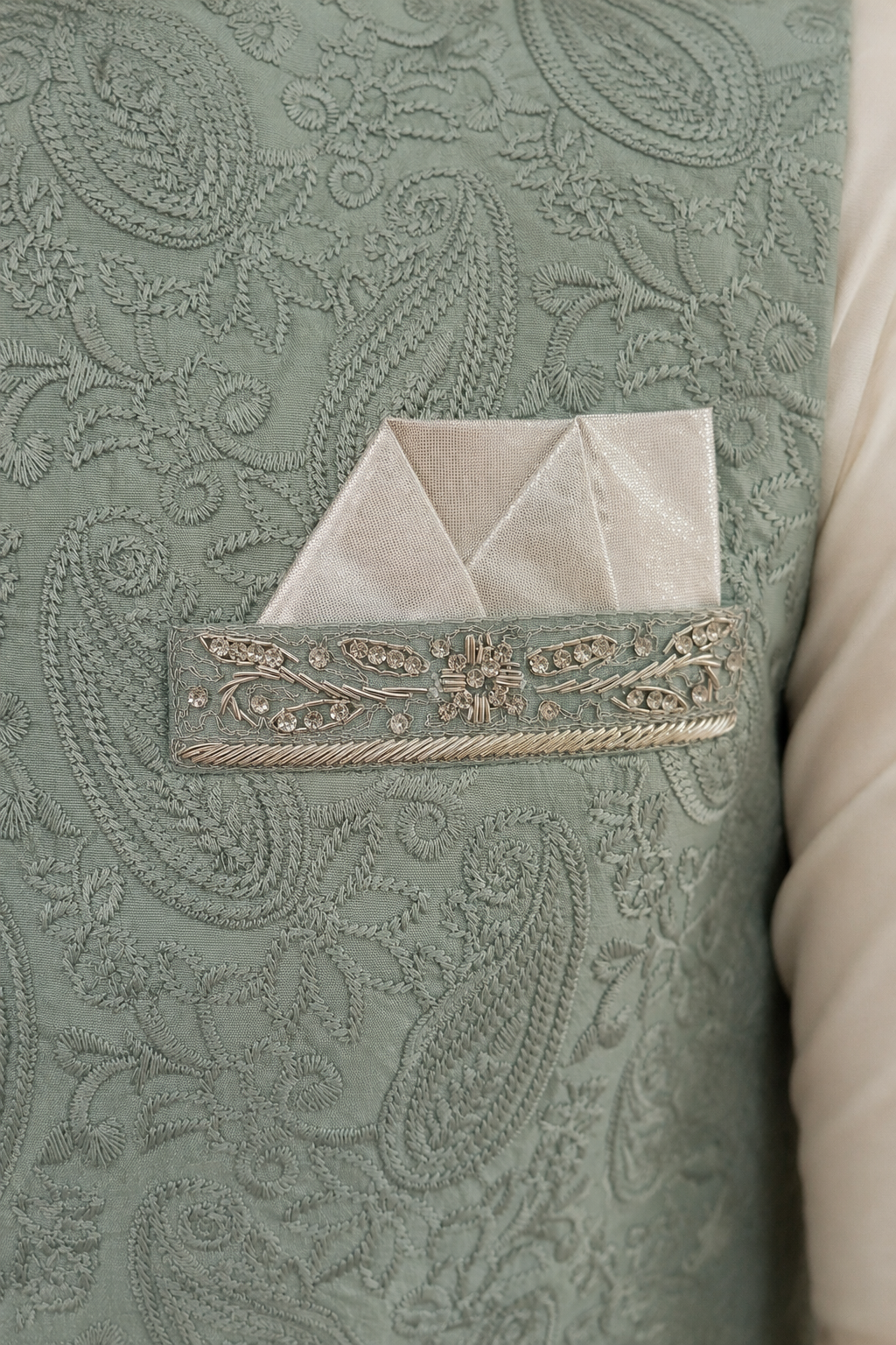 mens indian nehru jacket waistcoat for weddings parties and formal events mint green colour pocket close up