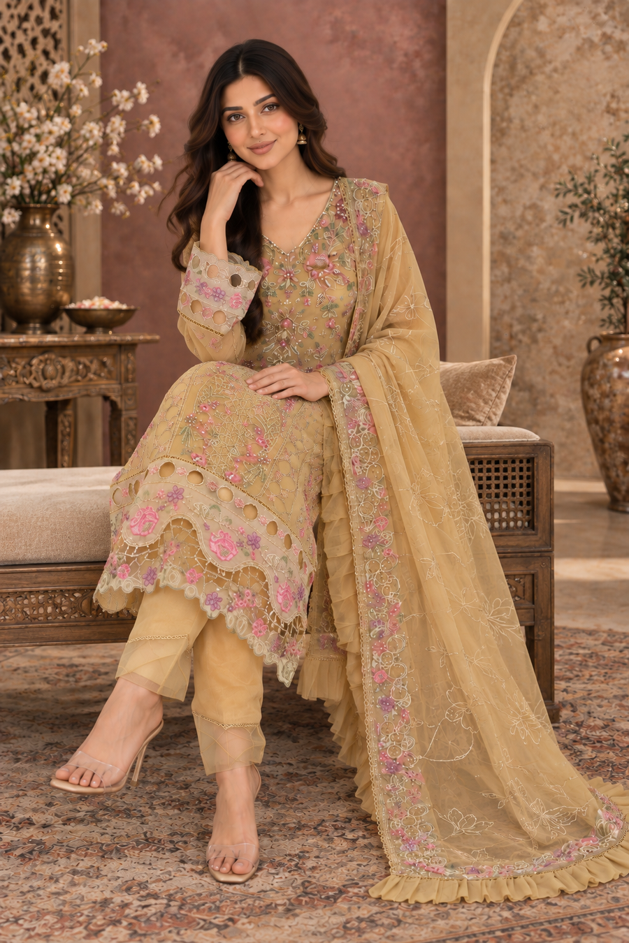 Mustard Gold Embroidered Chiffon Trouser Palazzo Suit for Women