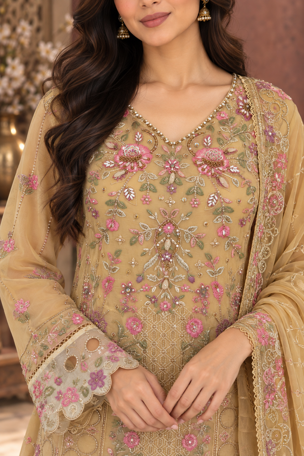 Mustard Gold Embroidered Chiffon Trouser Palazzo Suit for Women