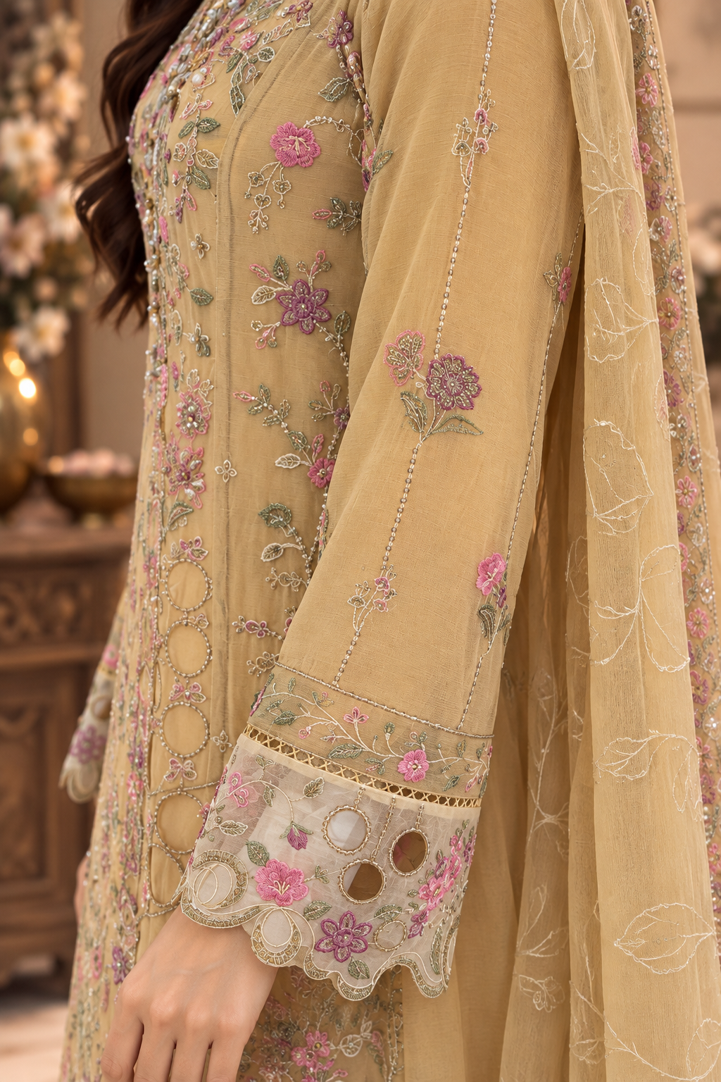 Mustard Gold Embroidered Chiffon Trouser Palazzo Suit for Women