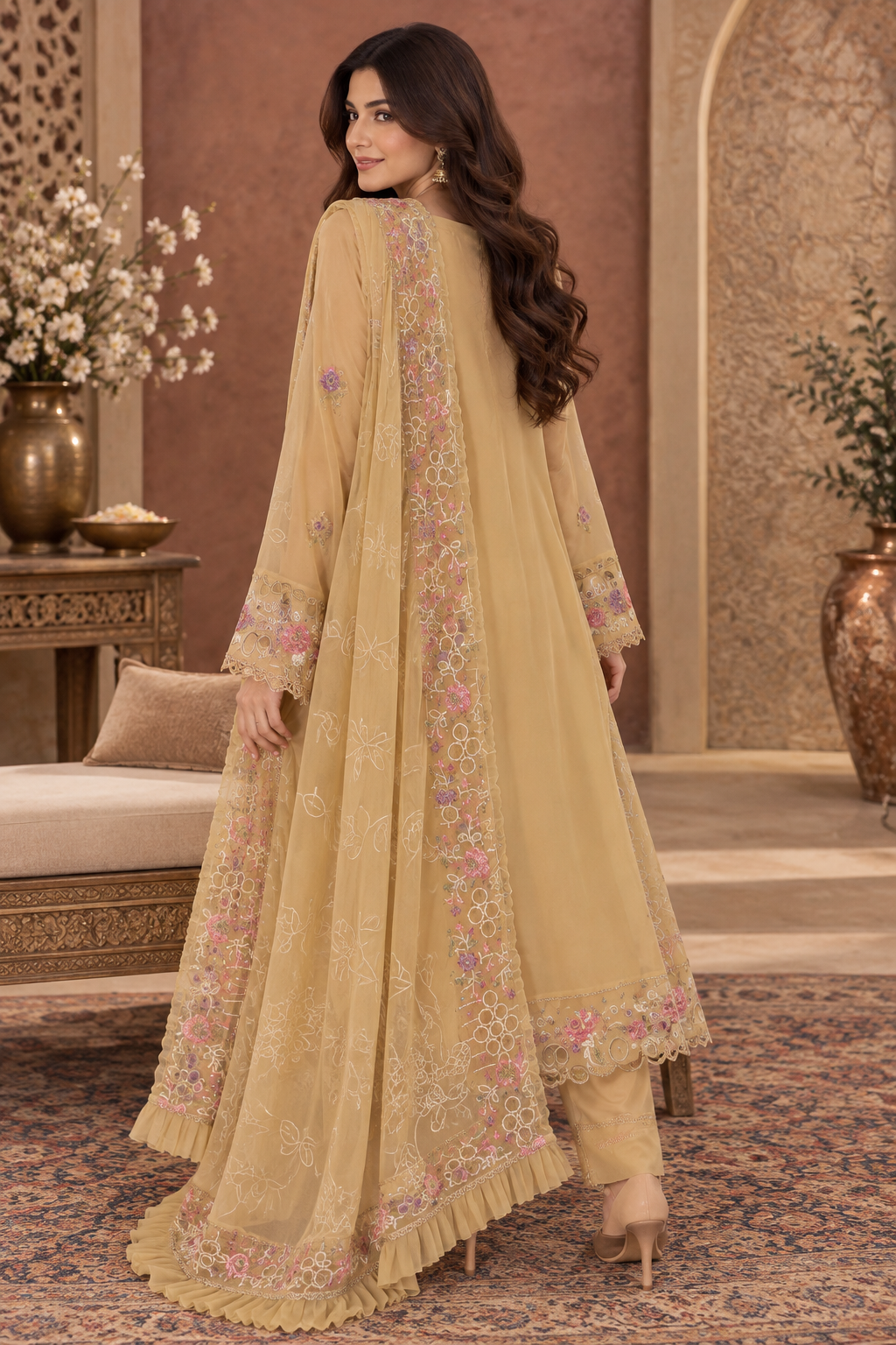 Mustard Gold Embroidered Chiffon Trouser Palazzo Suit for Women