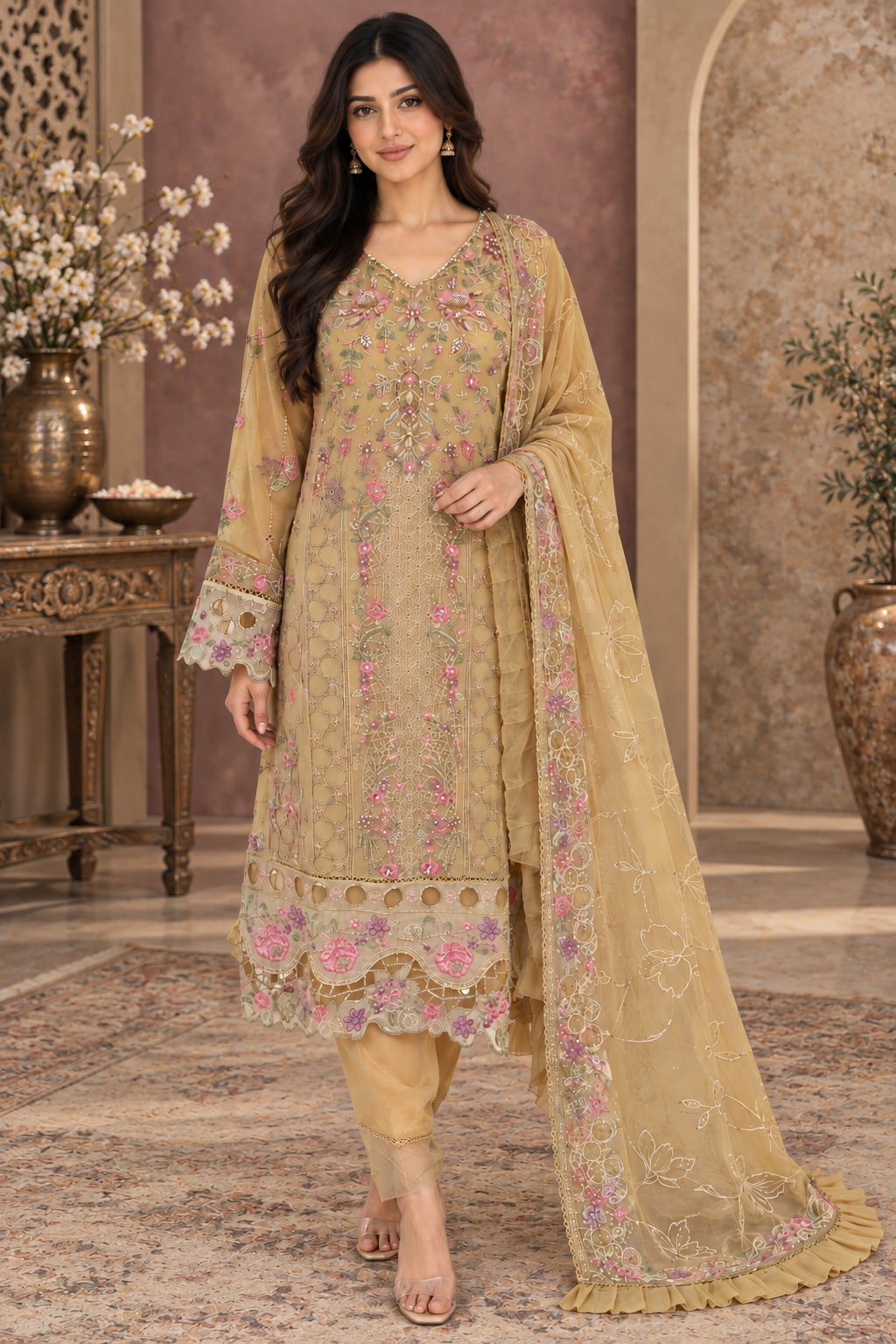 Mustard Gold Embroidered Chiffon Trouser Palazzo Suit for Women